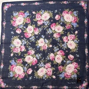 VTG MARIO VALENTINO Scarf Handkerchief Rose Floral Navy Blue Pink 18in